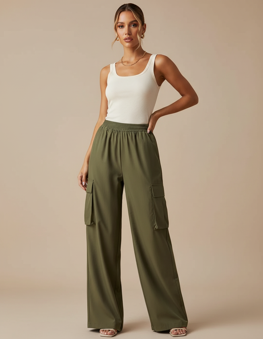 Pantalon Fluide Cargo Vert Ample Taille Élastique - Kaki Polyester