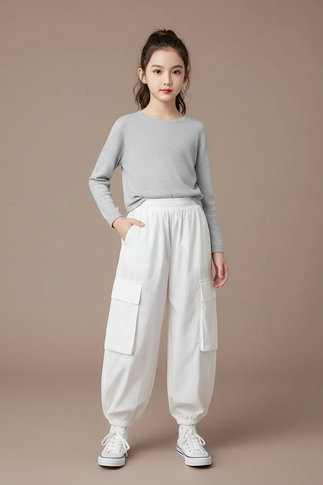 Pantalon Fluide Blanc Ample Cargo Coton Enfants