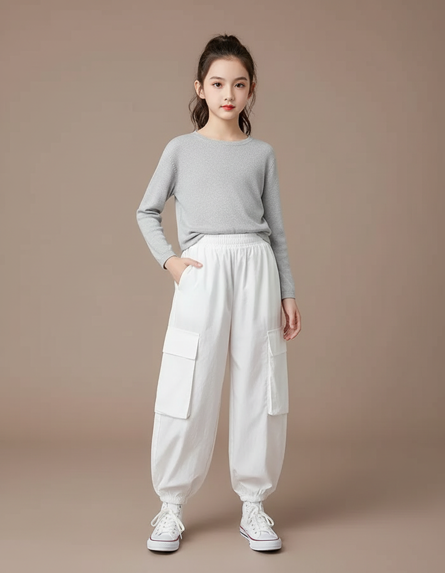Pantalon Fluide Blanc Ample Cargo Coton Enfants