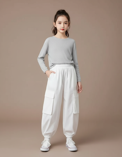 Pantalon Fluide Blanc Ample Cargo Coton Enfants