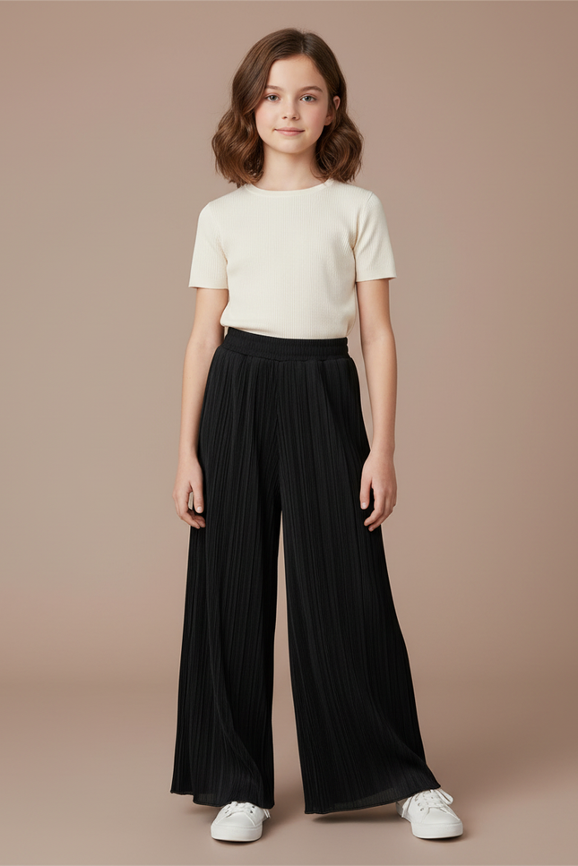Pantalon Fluide Noir Plissé Ample Fille Décontracté - Polyester