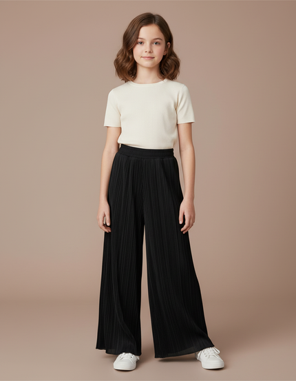 Pantalon Fluide Noir Plissé Ample Fille Décontracté - Polyester
