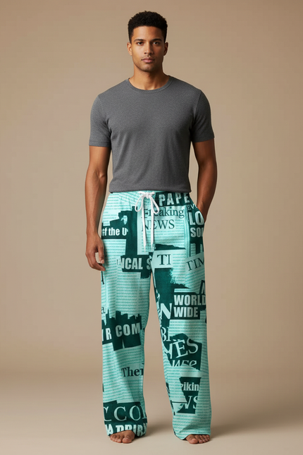 Pantalon Fluide Vert Ample Motif Journal Homme - Viscose