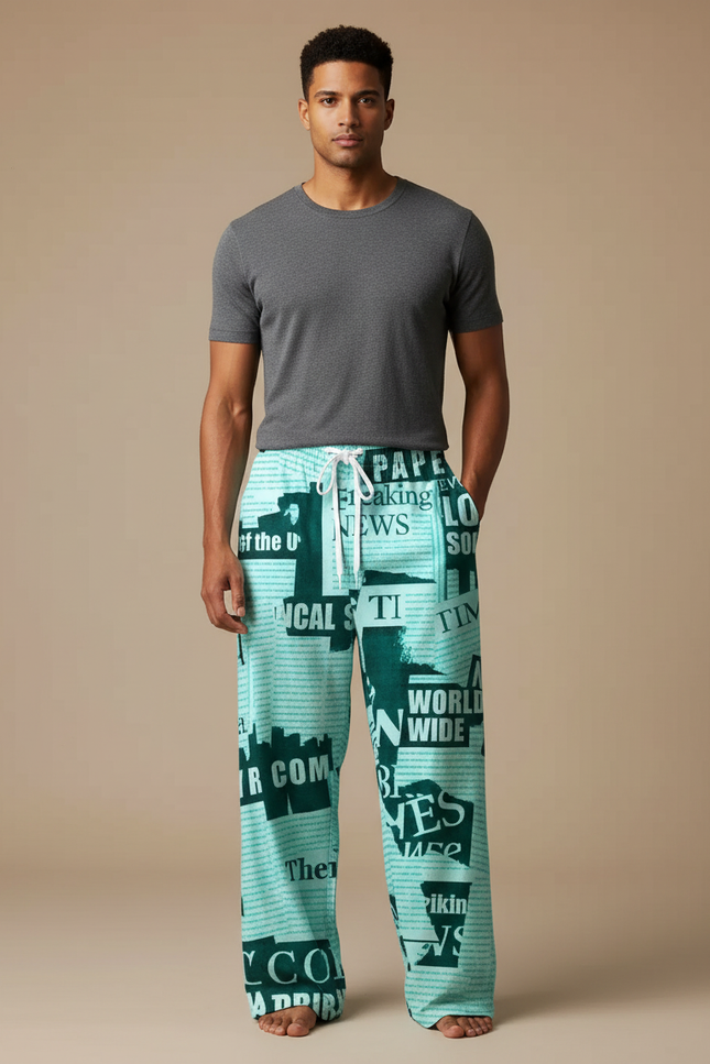 Pantalon Fluide Vert Ample Motif Journal Homme - Viscose