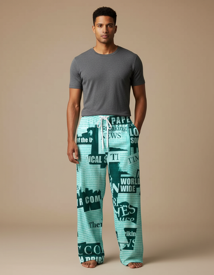 Pantalon Fluide Vert Ample Motif Journal Homme - Viscose