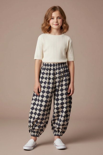 Pantalon Fluide Carreaux Ample Élastiqué Confortable Enfant - Imprimé Toile