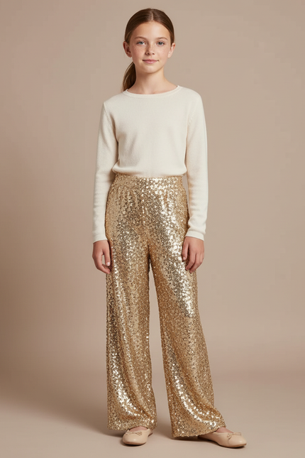 Pantalon Fluide Paillettes Dorées Évasé Scintillant Enfant - Polyester