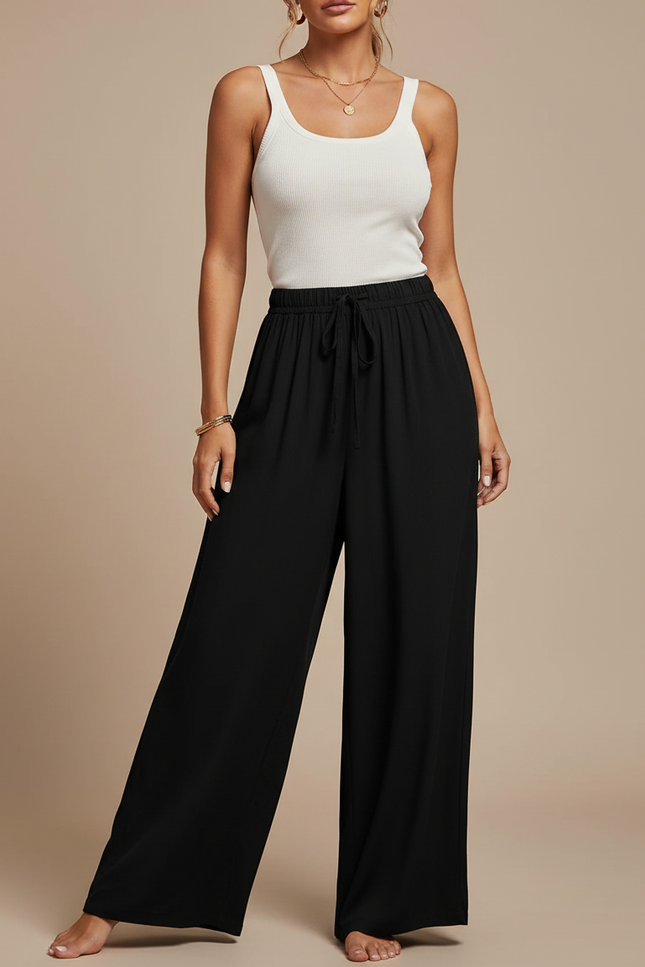 Pantalon Fluide Noir Ample Cordon Décontracté Élégant - Viscose