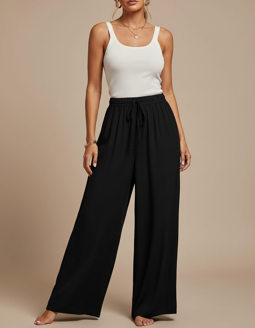 Pantalon Fluide Noir Ample Cordon Décontracté Élégant - Viscose