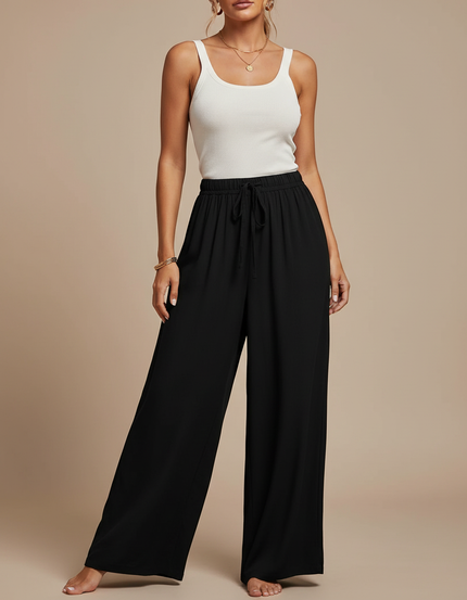 Pantalon Fluide Noir Ample Cordon Décontracté Élégant - Viscose