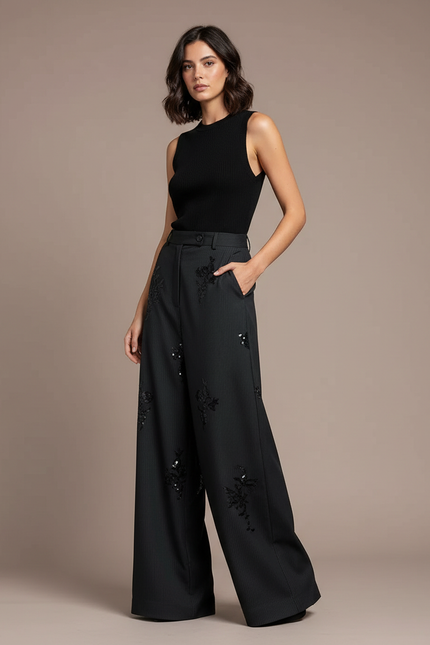 Pantalon Fluide Noir Ample Brodé Paillettes Rayé - Viscose
