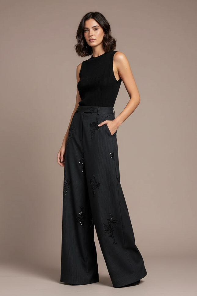 Pantalon Fluide Noir Ample Brodé Paillettes Rayé - Viscose