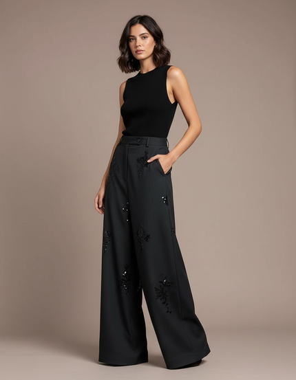 Pantalon Fluide Noir Ample Brodé Paillettes Rayé - Viscose