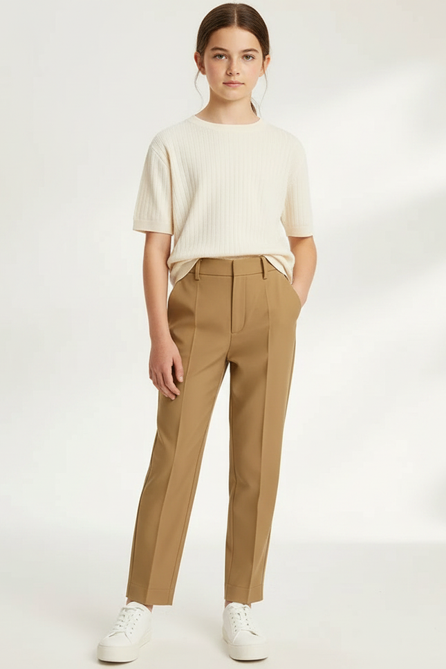 Pantalon Fluide Kaki Droit Taille Haute Élégant - Gabardine