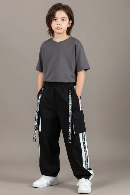 Pantalon Fluide Noir Ample Sport Cargo Enfant - Molleton