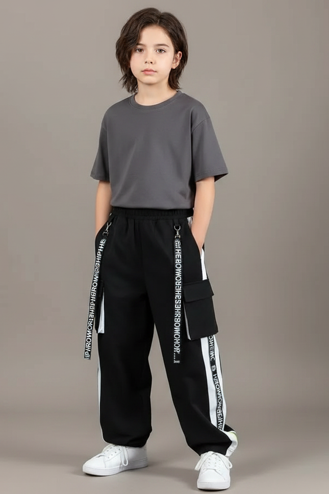Pantalon Fluide Noir Ample Sport Cargo Enfant - Molleton