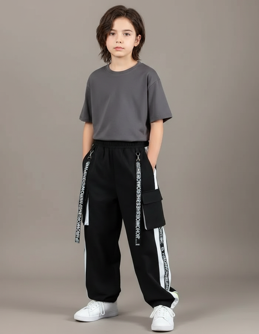 Pantalon Fluide Noir Ample Sport Cargo Enfant - Molleton