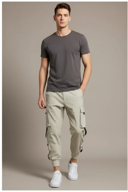 Pantalon Fluide Beige Cargo Jogger Multi-Poches Homme - Polyester