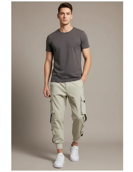 Pantalon Fluide Beige Cargo Jogger Multi-Poches Homme - Polyester