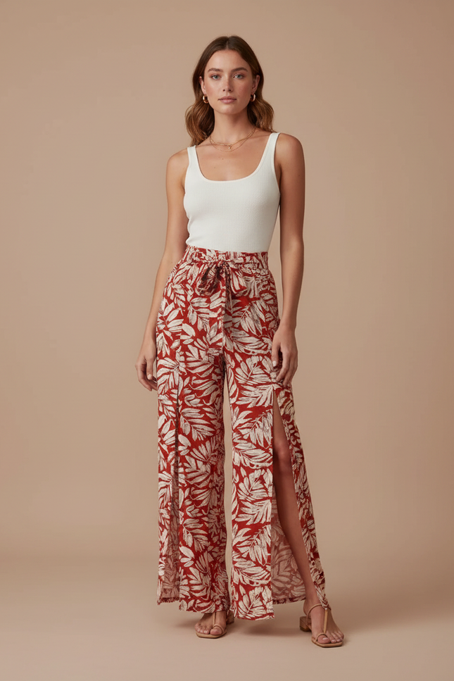Pantalon Fluide Rouge Imprimé Tropical Fendu Bohème - Viscose