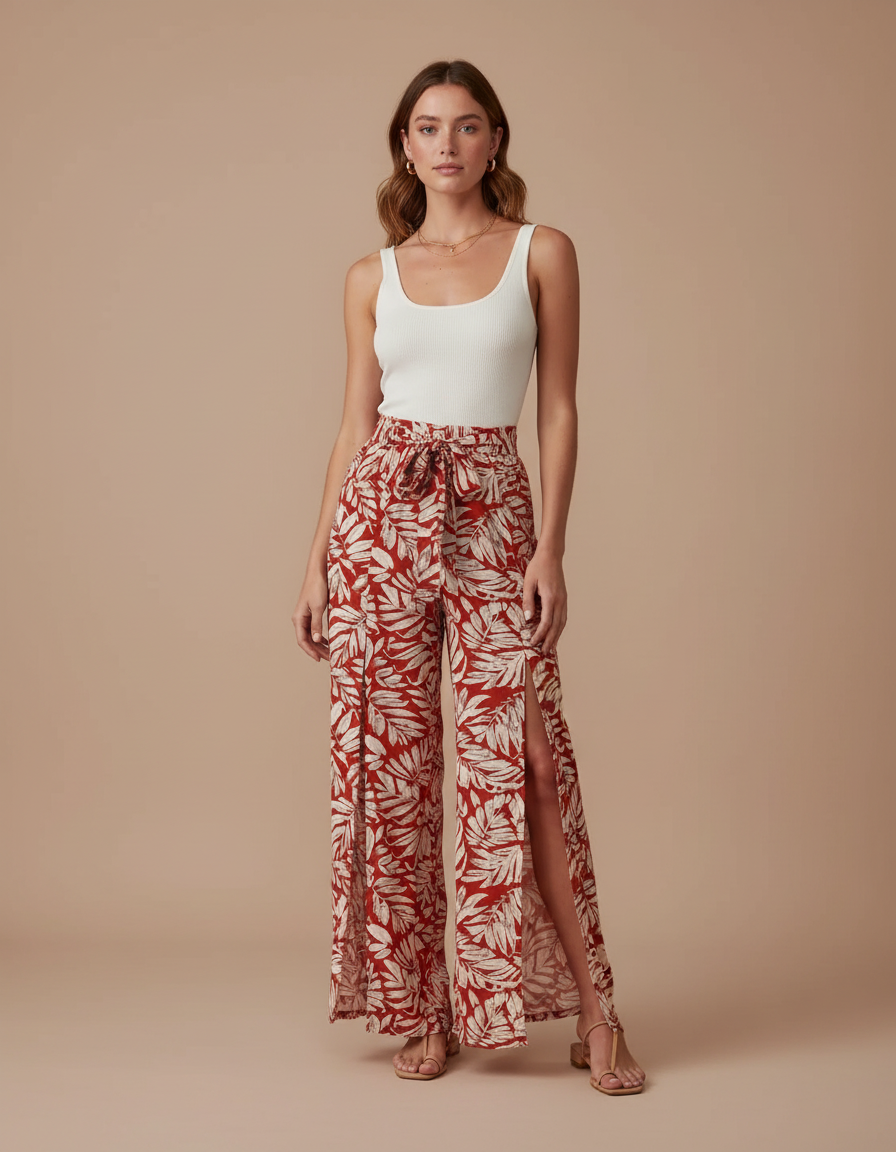 Pantalon Fluide Rouge Imprimé Tropical Fendu Bohème - Viscose
