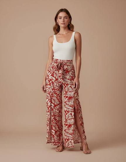 Pantalon Fluide Rouge Imprimé Tropical Fendu Bohème - Viscose