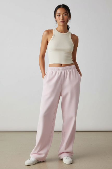 Pantalon Fluide Rose Ample Décontracté Confortable Femme - Molleton