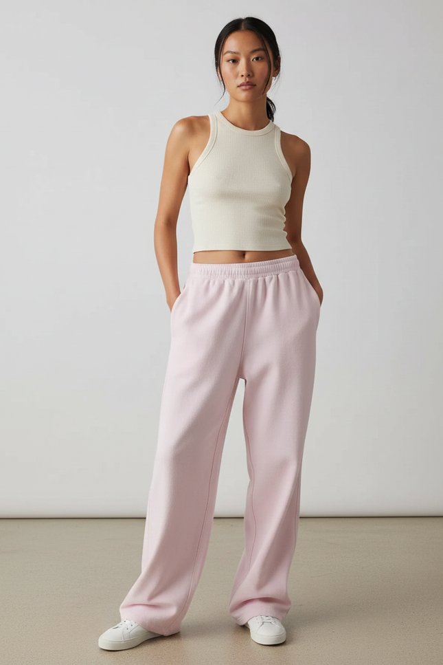 Pantalon Fluide Rose Ample Décontracté Confortable Femme - Molleton