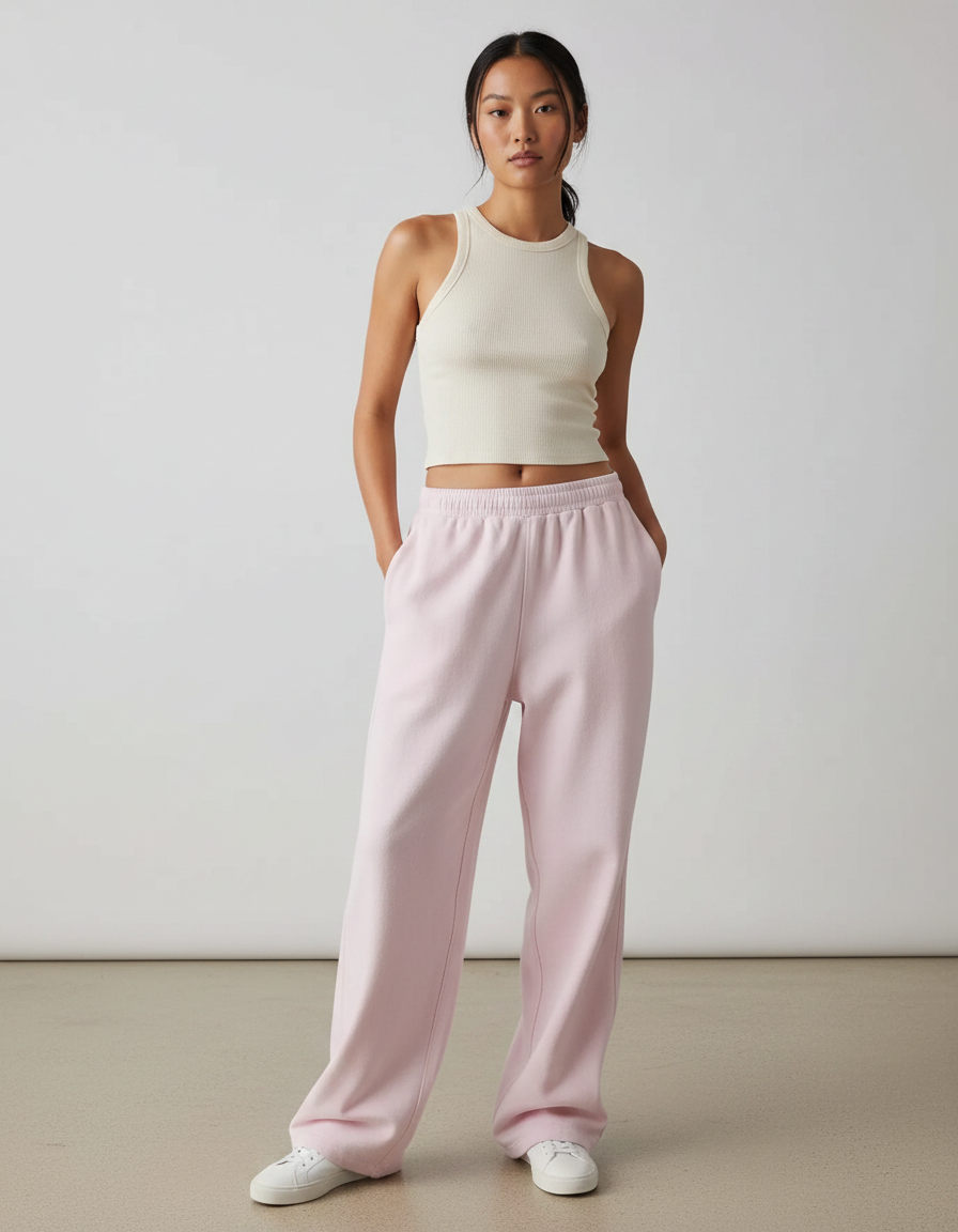 Pantalon Fluide Rose Ample Décontracté Confortable Femme - Molleton