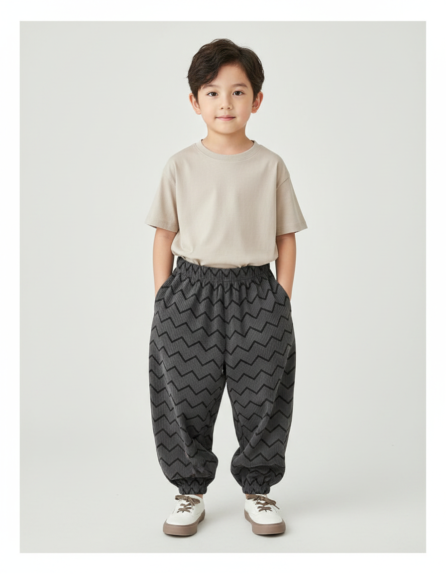 Pantalon Fluide Côtelé Gris Chevrons Ample Enfant - Cordé