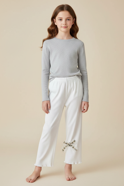 Pantalon Fluide Blanc Côtelé Ample Nœud Fille - Cordé