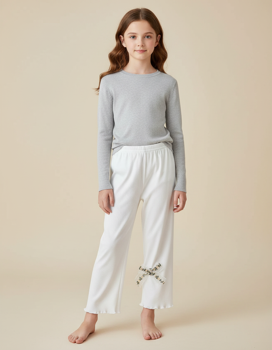 Pantalon Fluide Blanc Côtelé Ample Nœud Fille - Cordé