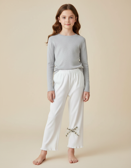 Pantalon Fluide Blanc Côtelé Ample Nœud Fille - Cordé
