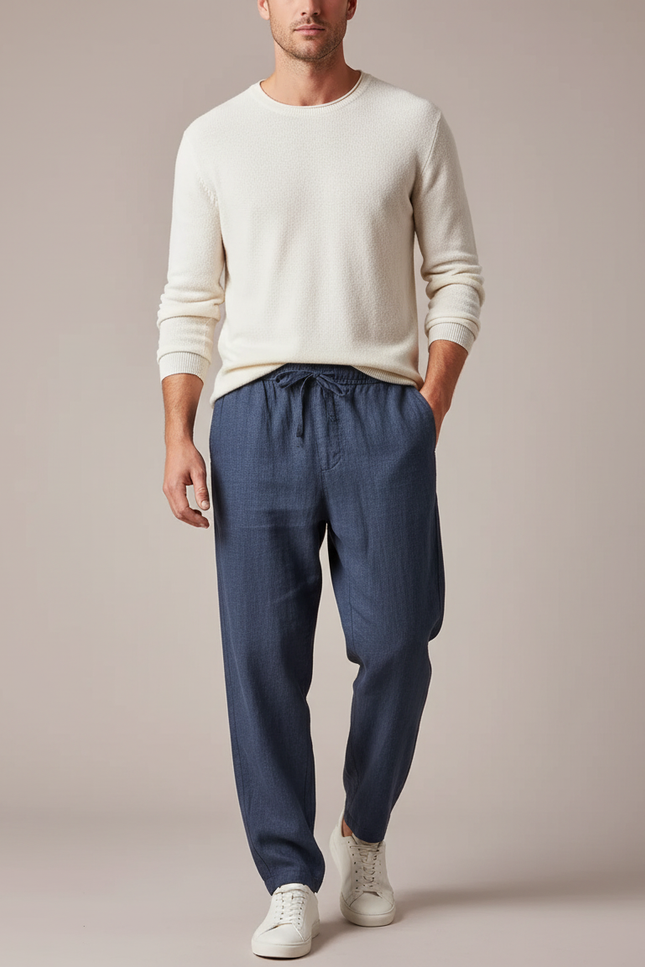 Pantalon Fluide Bleu Marine Lin Ample Décontracté Homme