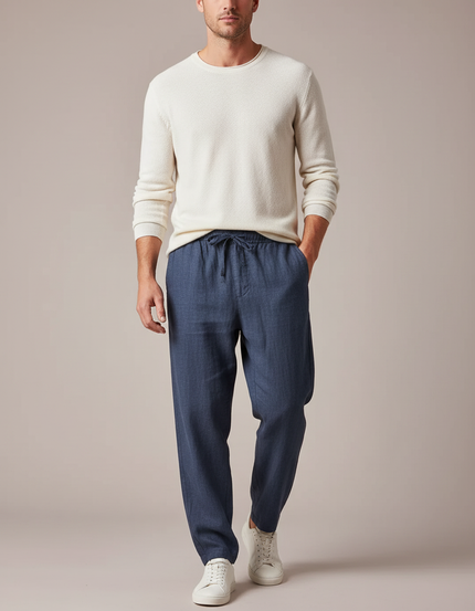 Pantalon Fluide Bleu Marine Lin Ample Décontracté Homme