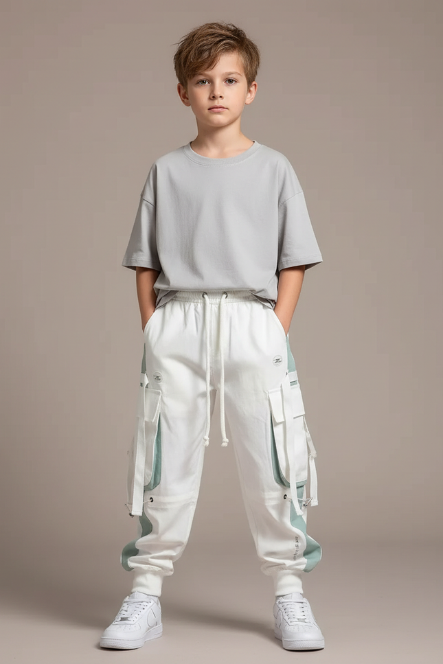 Pantalon Fluide Cargo Blanc Streetwear Garçon - Molleton