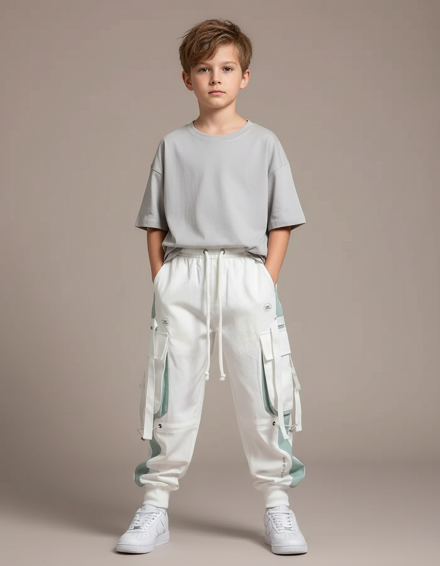 Pantalon Fluide Cargo Blanc Streetwear Garçon - Molleton