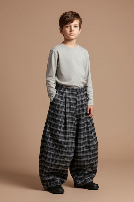 Pantalon Fluide Carreaux Ample Épais Garçon - Gris Tweed