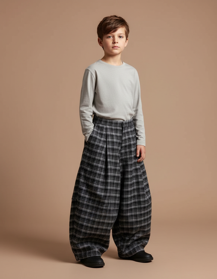 Pantalon Fluide Carreaux Ample Épais Garçon - Gris Tweed