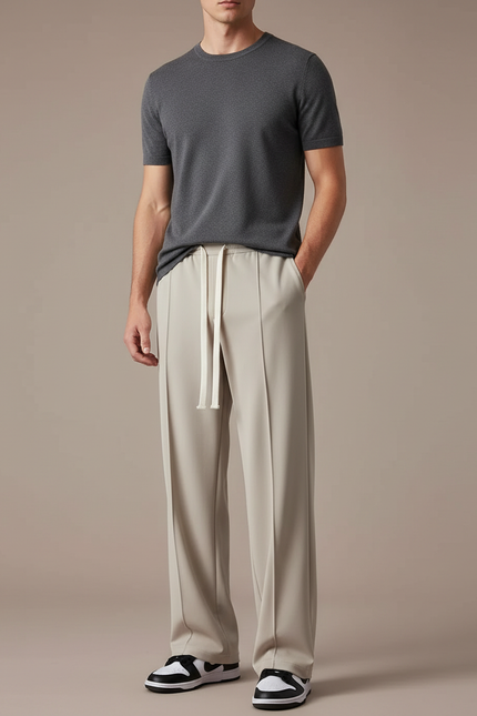 Pantalon Fluide Beige Homme Décontracté Droit Léger - Polyester