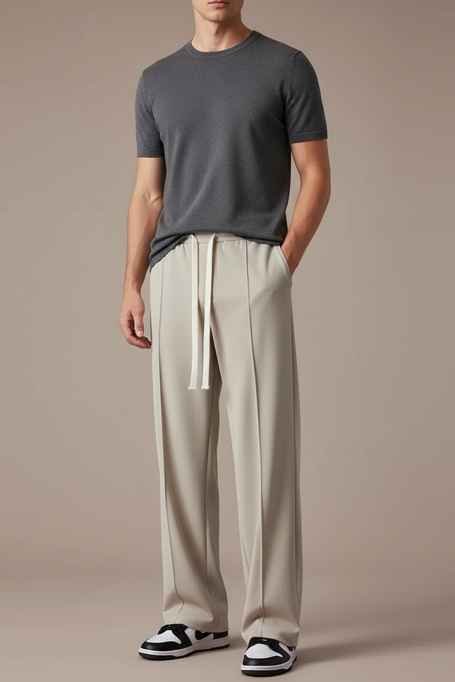 Pantalon Fluide Beige Homme Décontracté Droit Léger - Polyester
