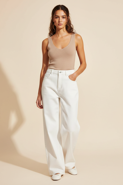 Pantalon Fluide Blanc Ample Taille Haute Décontracté Femme - Jean