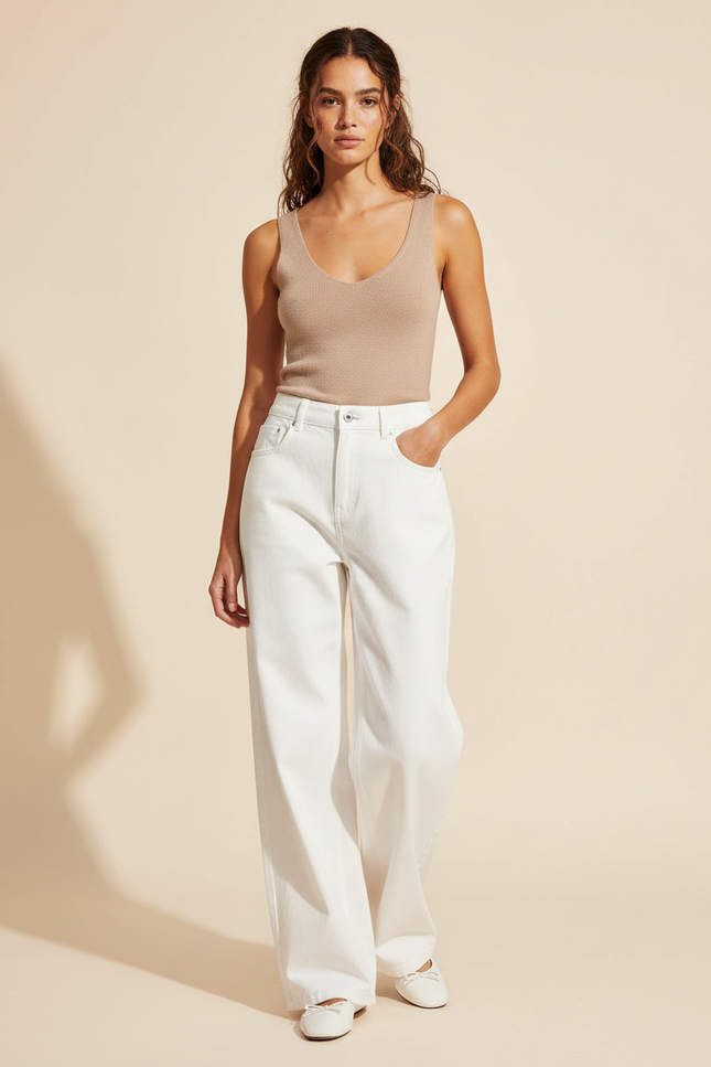 Pantalon Fluide Blanc Ample Taille Haute Décontracté Femme - Jean