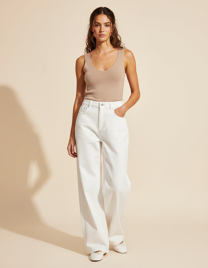 Pantalon Fluide Blanc Ample Taille Haute Décontracté Femme - Jean