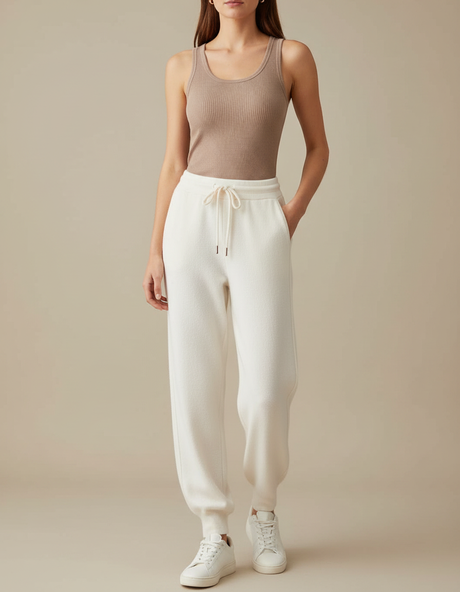 Pantalon Fluide Écru Maille Ample Cordon Femme - Blanc Molleton
