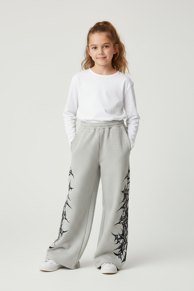 Pantalon Fluide Gris Ample Imprimé Tribal Décontracté Fille - Molleton