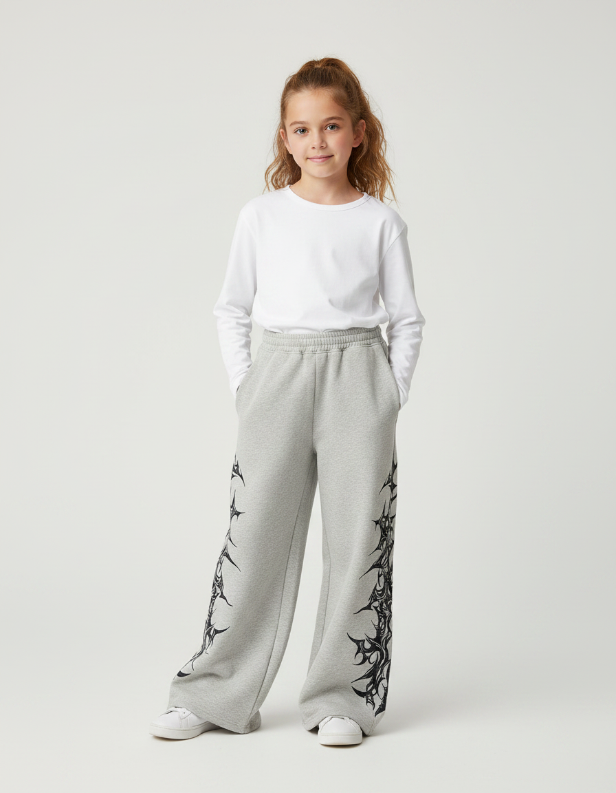 Pantalon Fluide Gris Ample Imprimé Tribal Décontracté Fille - Molleton
