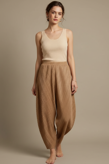 Pantalon Fluide Plissé Marron Ample Confortable Décontracté - Maille