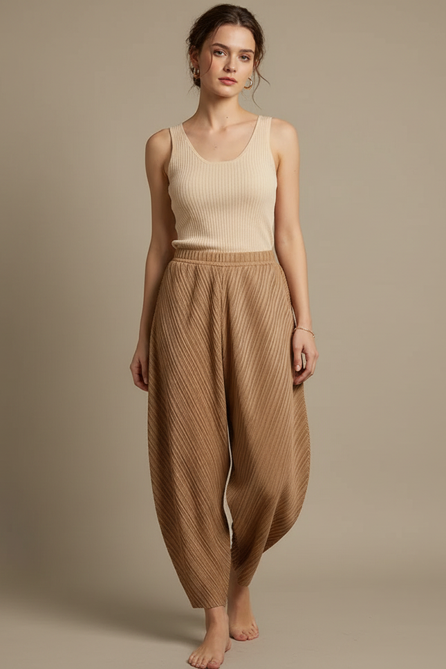 Pantalon Fluide Plissé Marron Ample Confortable Décontracté - Maille