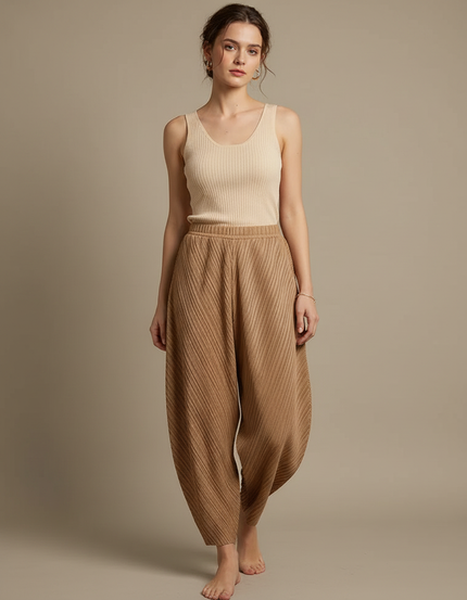 Pantalon Fluide Plissé Marron Ample Confortable Décontracté - Maille